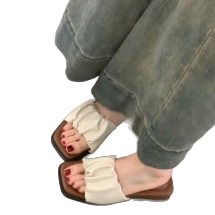 Beautiful temperament fairy style square head pleated open toes super versatile one-word slippers female slope heel soft bottom comfortable slippers