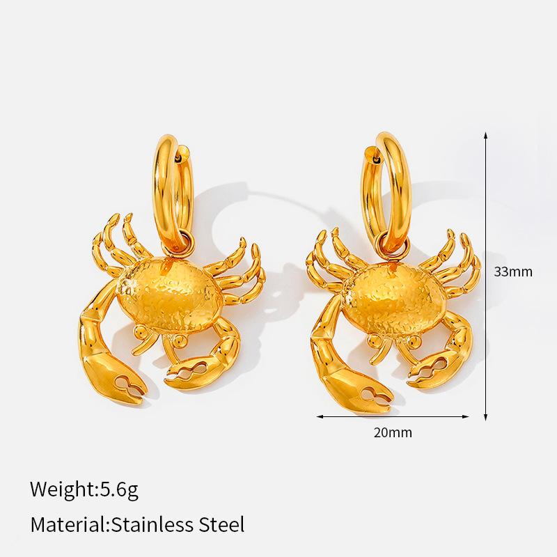 18K Gold-plated Stainless Steel Crab Pendant Earrings, Hammered Metallic European and American Style Earrings, Seaside Vacation Accessories