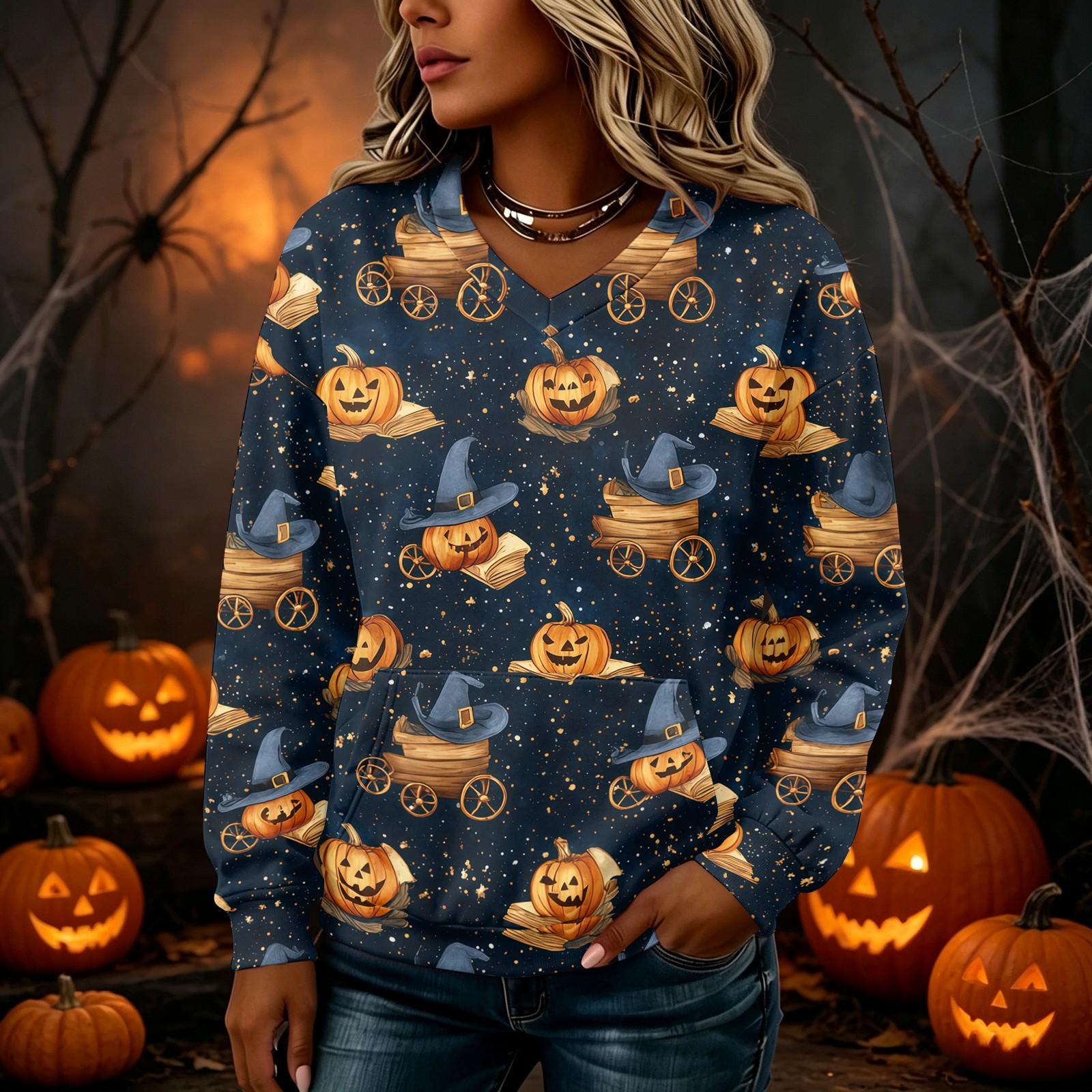 Women s Halloween Print V-Neck Long Sleeve Lightweight Pullover Hoodie with Pockets XXL