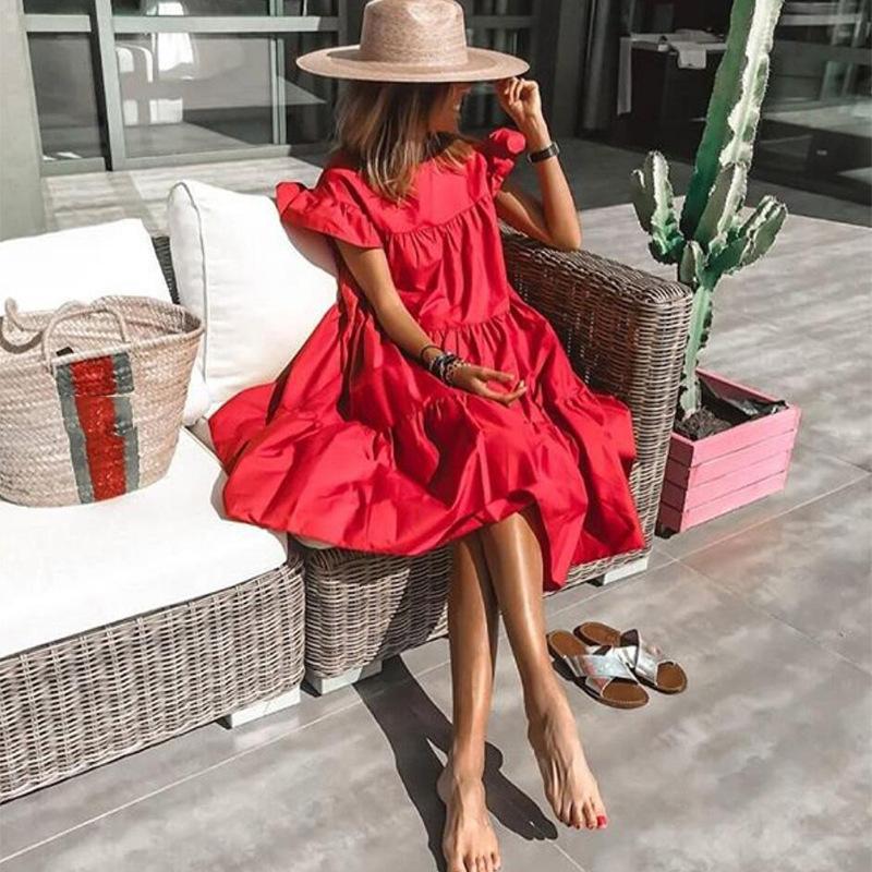 Summer Women's Loose Pleated Short-sleeved Dress, Solid Color Casual One-piece Short Skirt Dress