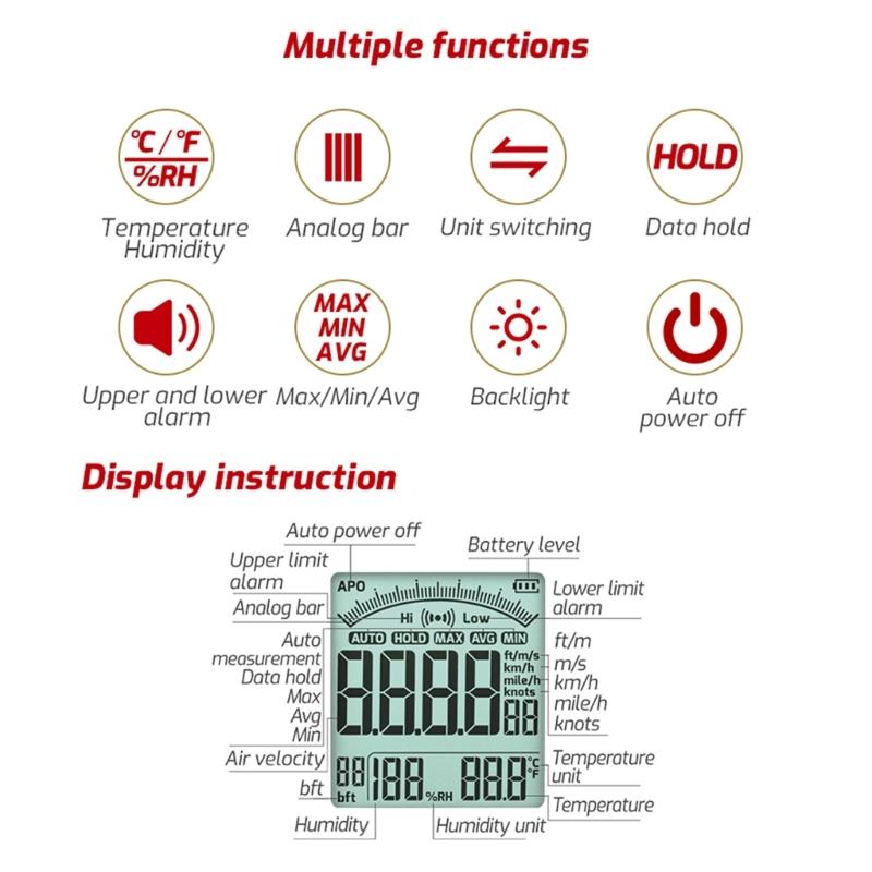 Portable Digital Anemometer Handheld Wind Speed Meter Compatible for Measuring Temperature WindChills with Backlamp LCD