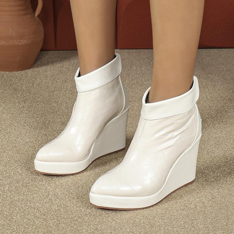 2025 Autumn Early Winter Shoes Women High Heels Boots Pointed toe Fashion Ladies Wedges Shoes 10cm Black White Plus Size 42