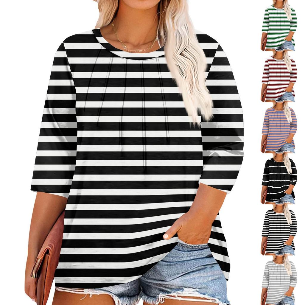 Women's Solid Color Round Neck Plus Size Tops 3/4 Sleeves Elegant Shirt Tops