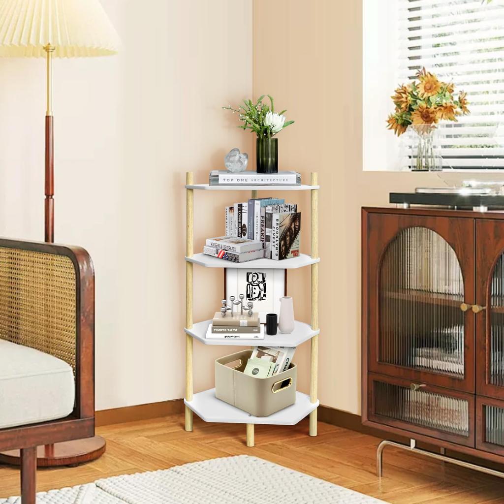 GIBLEA Corner Shelf, 4 Tiers, Wooden, Lightweight, Open Shelf, Gap Storage, 30cm Wide X 30cm Deep X 100cm High, Versatile, Easy Assembly