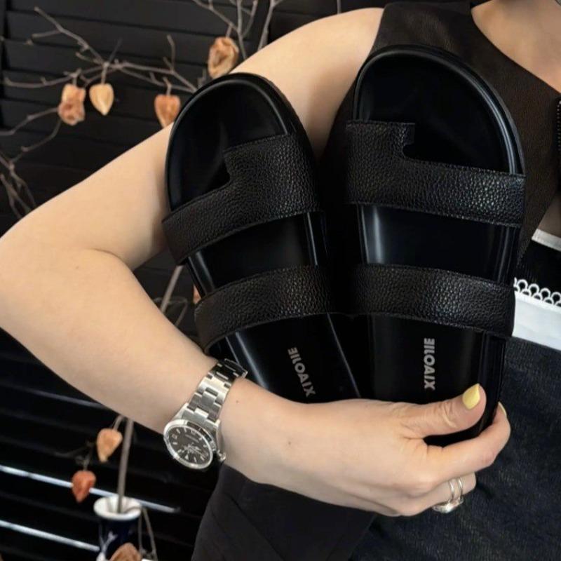 NEUE Sommer Flip-Flops Damen Rundzehen Leder Flache Hausschuhe Mode Strand Pantoletten Urlaubs-Sandalen Schuhe für Frau