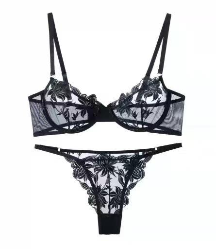 Sexy Lingerie Embroidered Flower Women's Perspective Mesh Bra Sexy Bra Panty Set