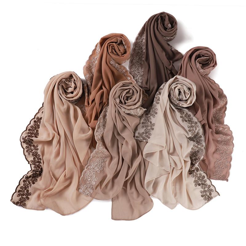 Einfarbig Bestickt Floral Bubble Chiffon Hijab Ramadan Spitze Stich Schals Damen Sonnenschutz Kopftuch Outdoor Winddicht Kopfwickel