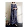 Cotton and Linen Printed Dress, Loose Robe, Lantern Sleeve Long Skirt