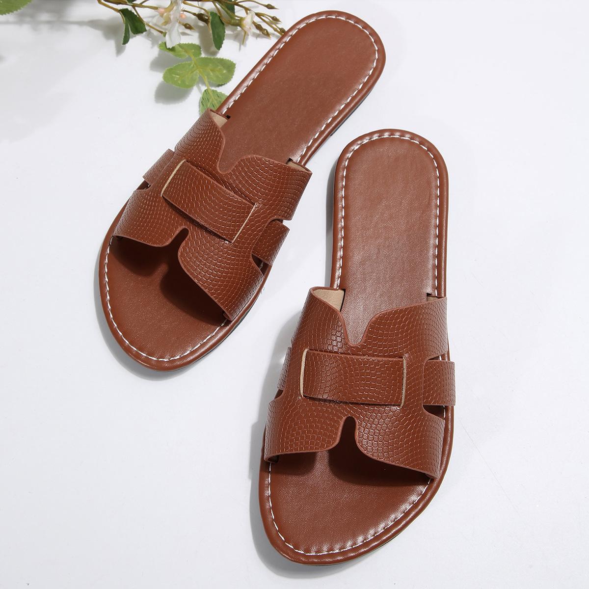 

European and American foreign trade large size one word solid color classic round head flat bottom women s slippers 2025 summer new beach slippers wom 43 коричневый