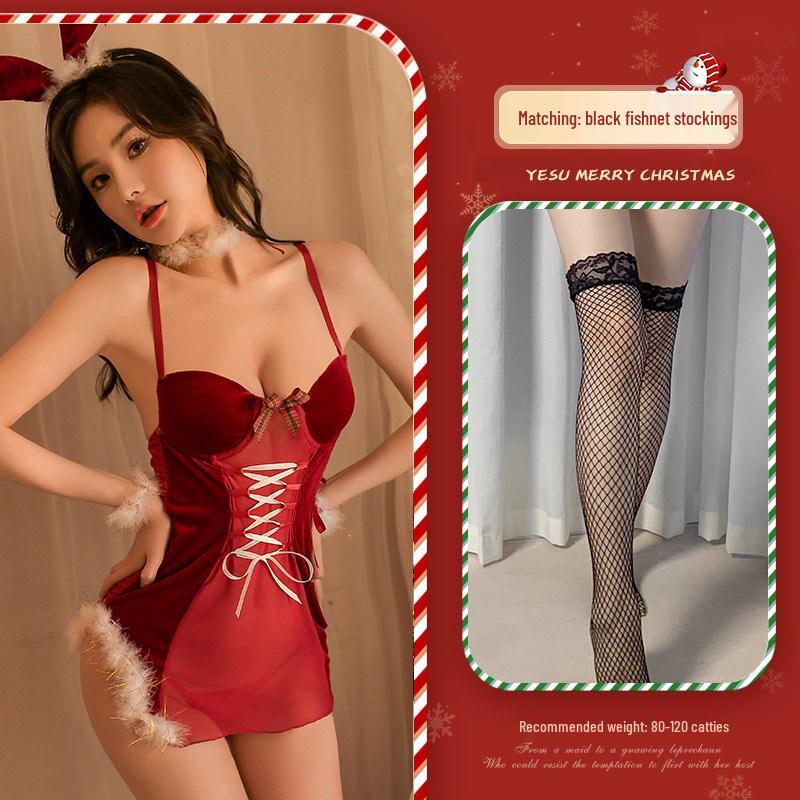 Seductive See-Through Halter Lingerie: Christmas New Year Plush Tie-Up Padded Set