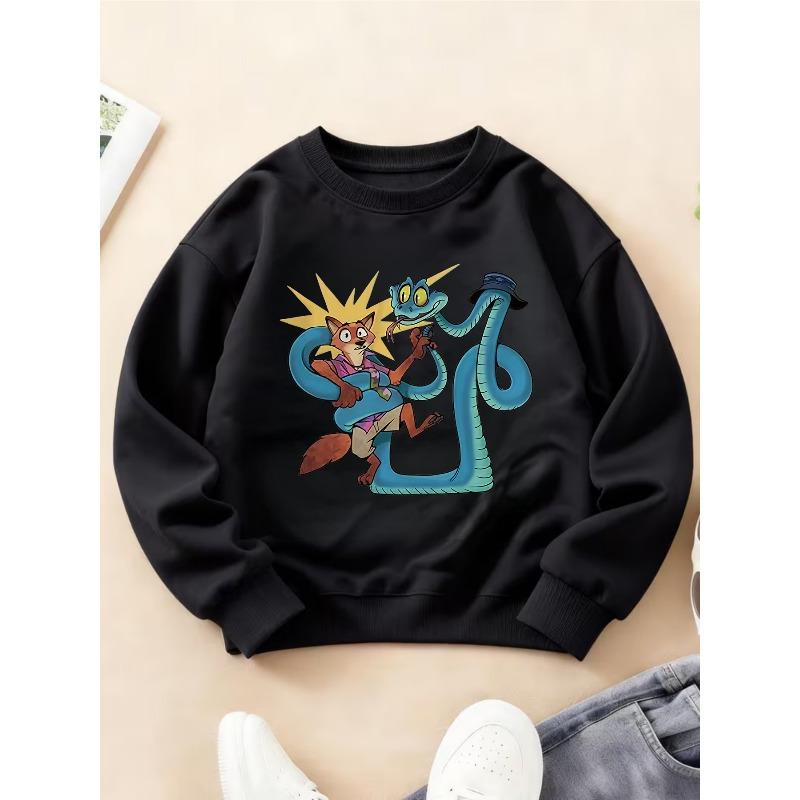 Kids Crewneck Long Sleeve Sweatshirt, Playful Fox & Snake Cartoon Graphic Print, Sports Top for Autumn Winter 110