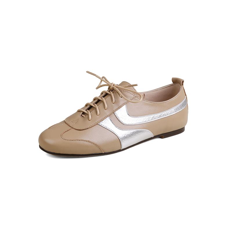 Fashion Women's new leather cowhide round toe spring and autumn low heel plus large lace up casual and comfortable sports single shoe