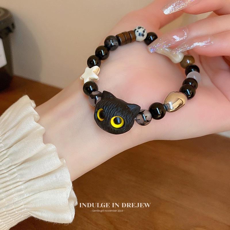 Retro Black Big-Eyed Cat Beaded Bracelet - Simple, Unique, and Versatile Style for Best Friends