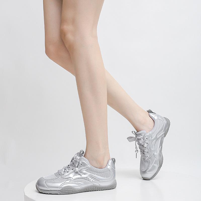 Popular Ballet Training Shoes Women's Shoes Flat Mesh Breathable Silver Pearl Lace-up Lightweight Sports and Leisure Shoes