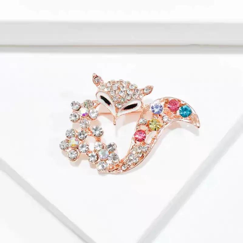Women's Fox Brooch For Ladies Colorful Rhinestone Flower Animal Gold Pins Corsage Sweater Coat Party Wedding Accessories