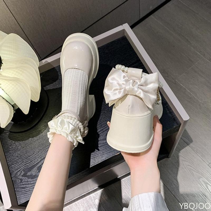 Fashion Spring summer round headed pearl bow thick sole single shoe casual simple comfortable versatile women's shoes for wear