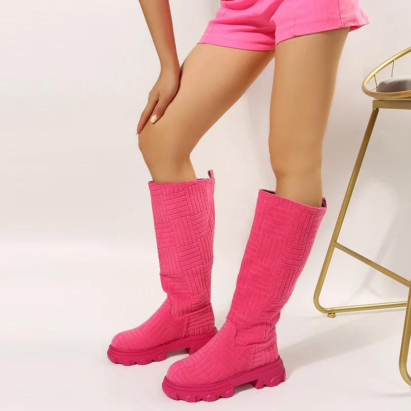 Fashion Plus Size 43 Women Platform Shoes Round Toe Slip-On Knee-high Boots Fashion Anti Slip Thick Sole Mid Heels Botas Mujer