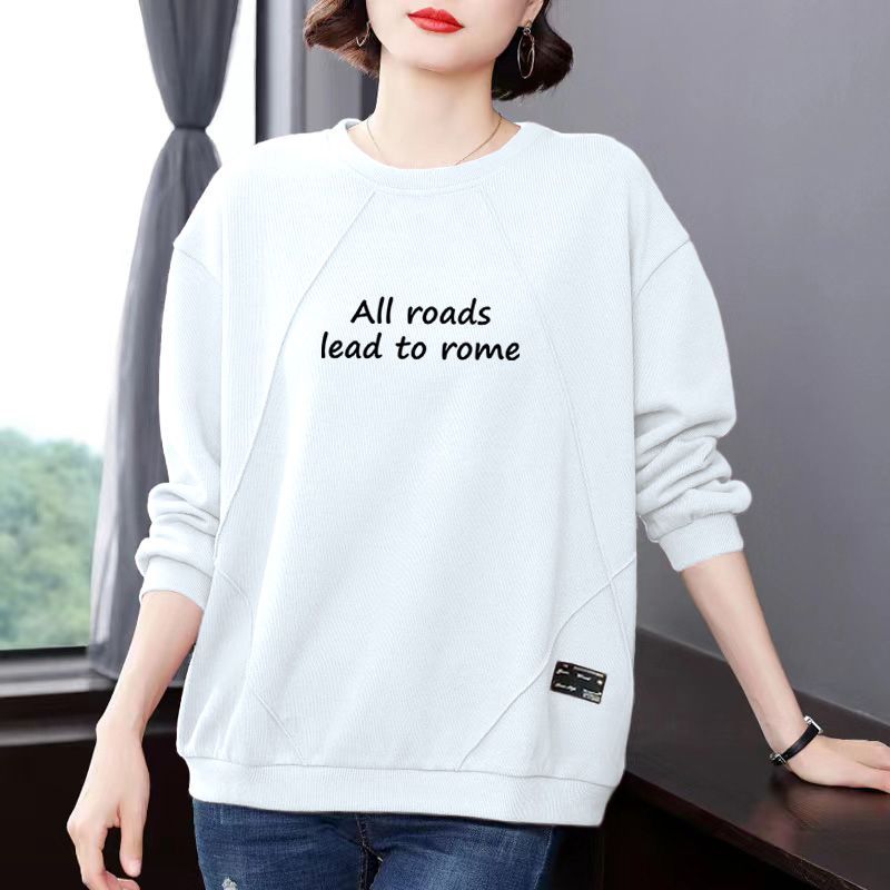 Spring Women's Round Neck Sweater Fashion   Pullover Top Loose Printed Pullover