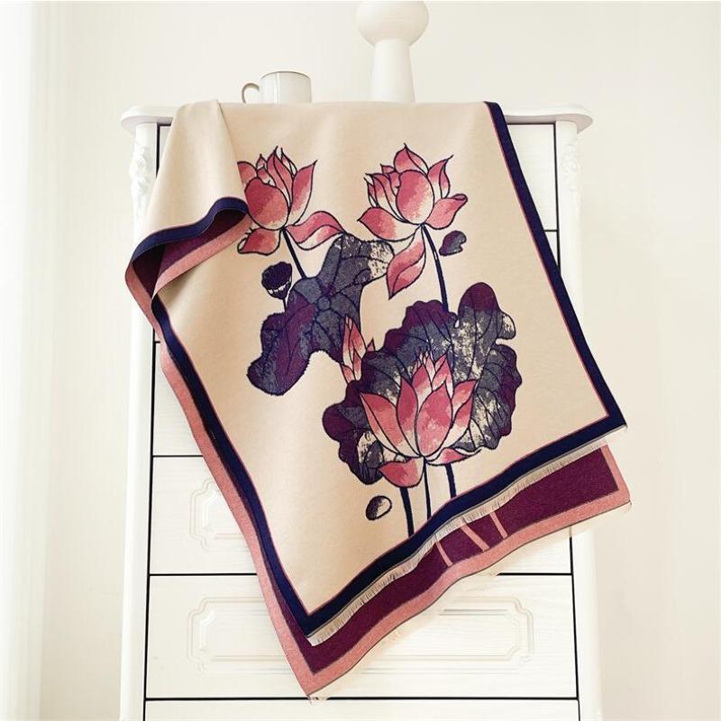 Winter New Lotus Scarf Women's Double-sided Jacquard Shawl Warm and Thickened Outer Cover Photo Wear Scarf