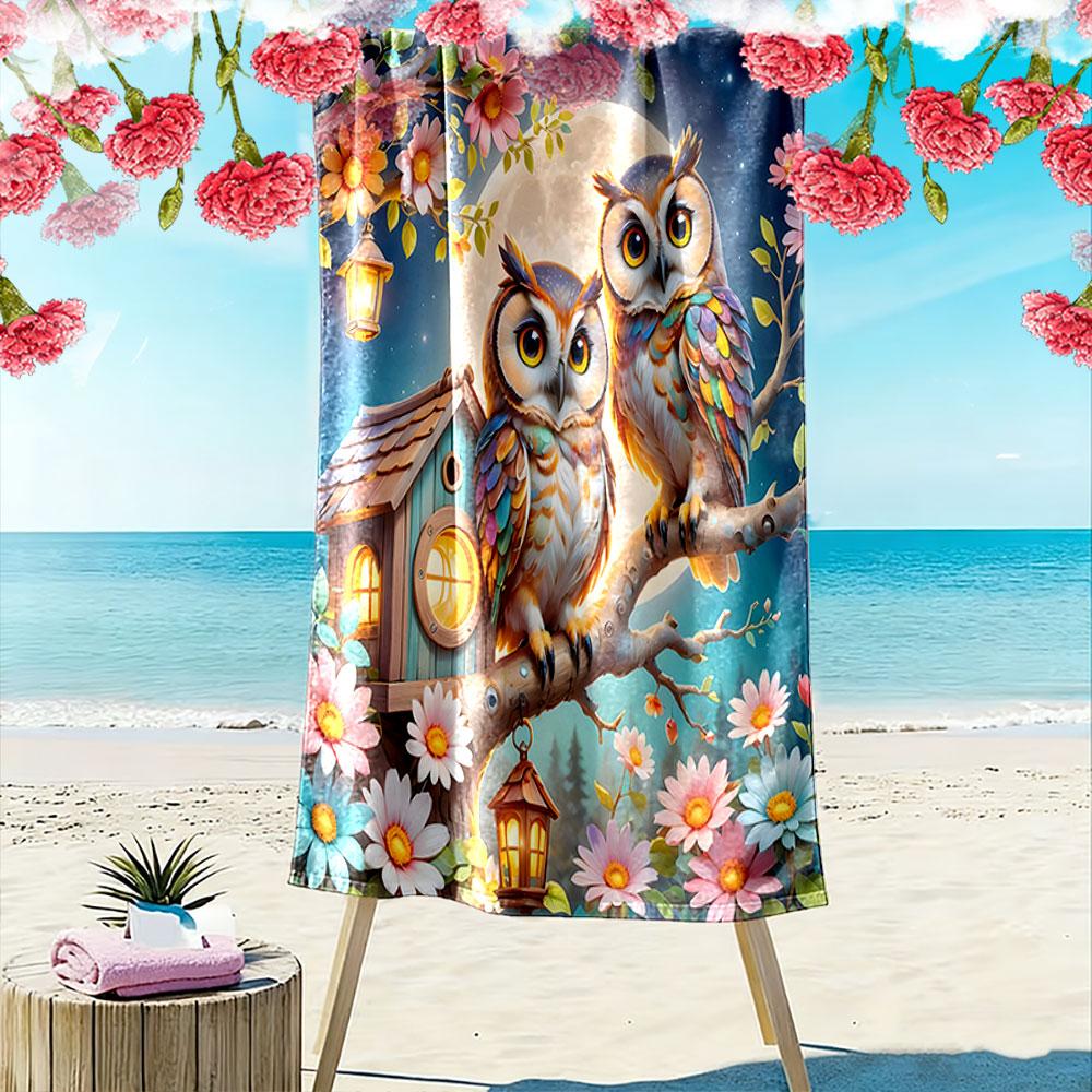 "Colorful Owls On Tree with Moonlight" Patterned Beach Towel Quick Dry Perfect for Travel Outdoor Sports Jogging the Beach and Swimming