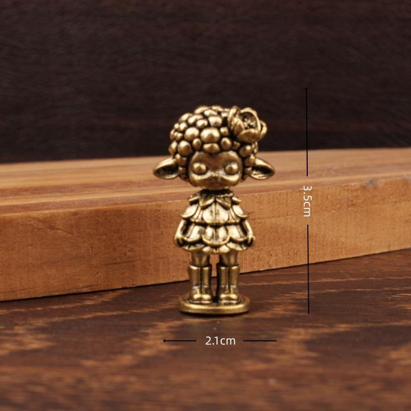 Brass Sheep Princess Figurine Retro Cute Sheep Girl Statue Flower Decor Desktop Ornament Vintage Craft Collectible Table Decor