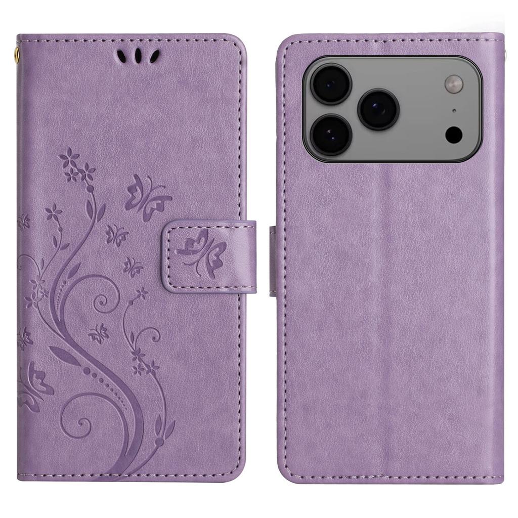 For iPhone 17 Pro Max Leather Wallet Case Butterfly Flower Imprinted Phone Cover with Strap