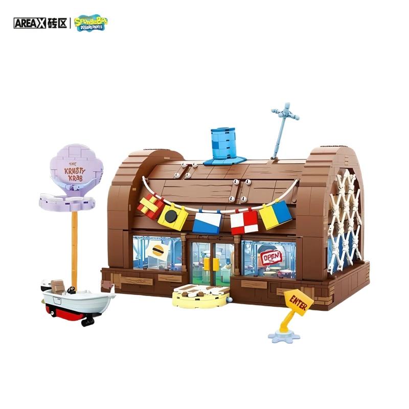 AREAX Spongebob Krusty Krab Restaurant Building Blocks Desktop Ornaments Kids Educational Toys Surprise Birthday Gifts Model