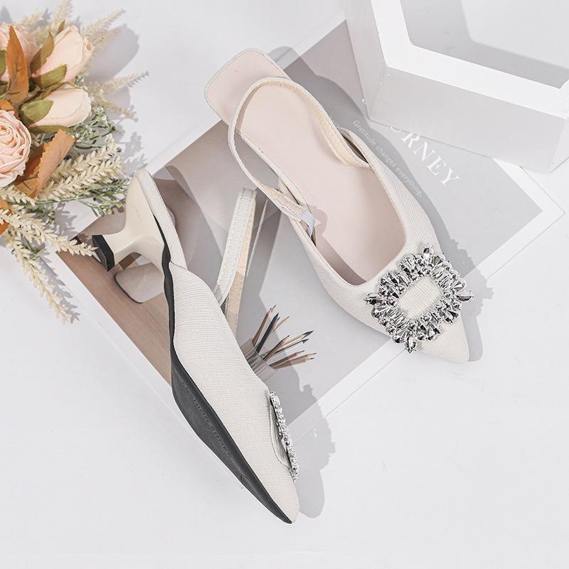 Baotou Sandals Women's 2026 New Summer Rhinestone Square Buckle Fairy Wind Back Empty French Stiletto High Heel Pointed Single Shoes
