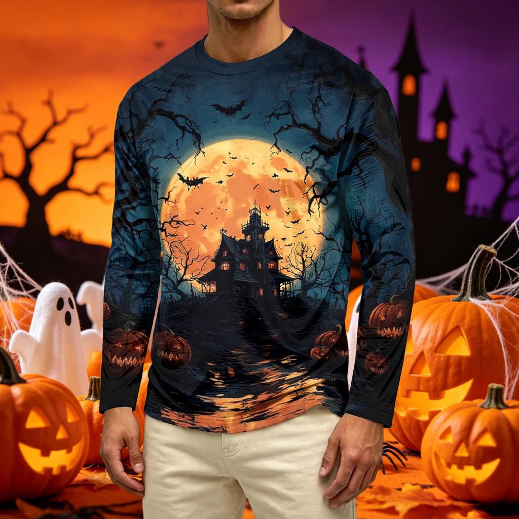 Men's Casual Long Sleeve Crew Neck T Shirt Halloween Pumpkin Ghost Print Lightweight Comfortable Fit Top