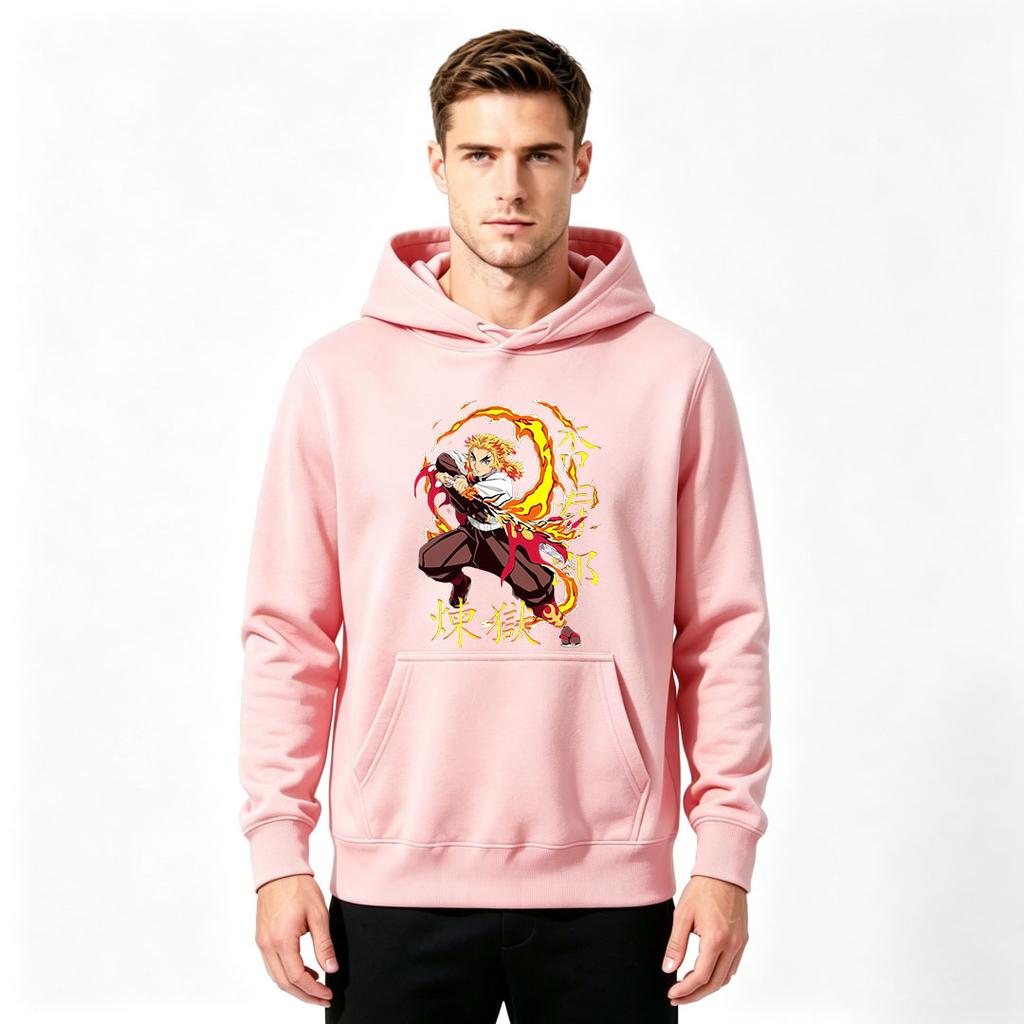 Men's Anime Flame Character Print Pullover Hoodie Casual Long Sleeve Graphic Sweatshirt for Daily Wear