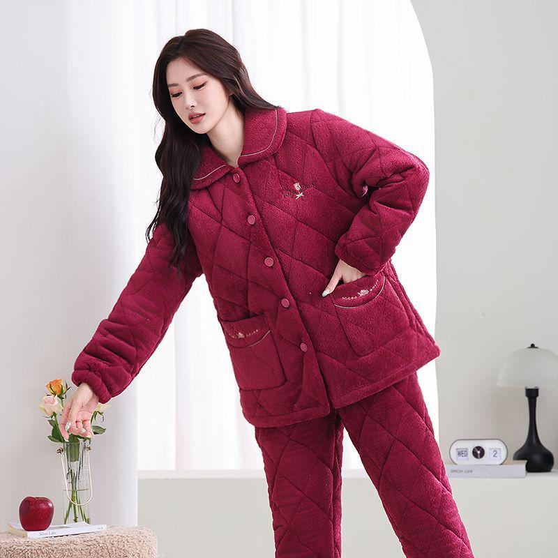Damen Winter Korallfleece Gesteppter Pyjama - Dickes Flanell Warmes Hausanzug-Set für Mittelalte und Ältere Mütter