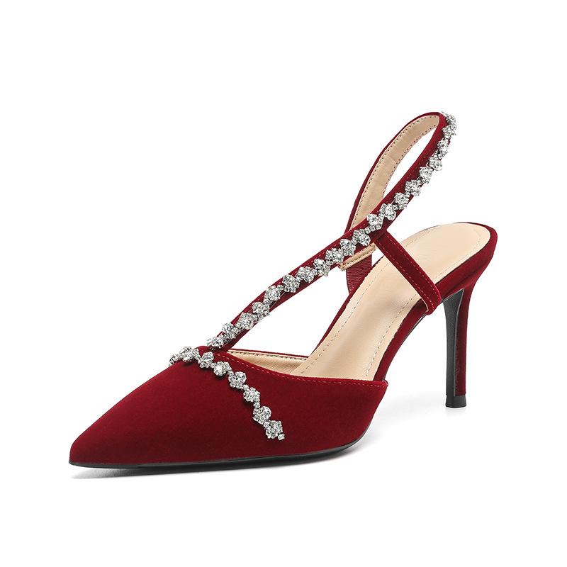 L-101 2025 Baotou Rhinestone Sandals Female Sexy One-Word Strap Stiletto Fairy Style High Heels Red Wedding Shoes