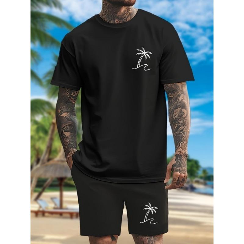 Set Nou de Vară pentru Bărbați cu Palmier și Gradient, Tricou Moale și Respirabil cu Gât Rotund și Pantaloni Scurți, Set de Două Piese pentru Timp Liber în Aer Liber și Urban