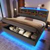 Gestoffeerd Bed, 180 × 200 cm, met LED-Strip, Hydraulische Opbergruimte, Zwevend Ontwerp, Matras Niet Meegeleverd, USB en Type-C Poorten, Linnen Stof