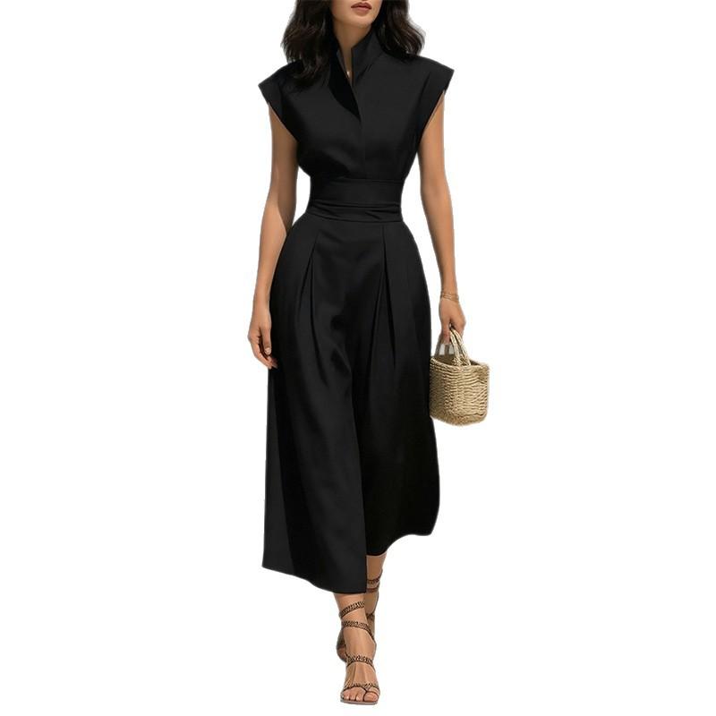 Spring new women's clothing, European and American, fashion temperament elegant solid color waist dress