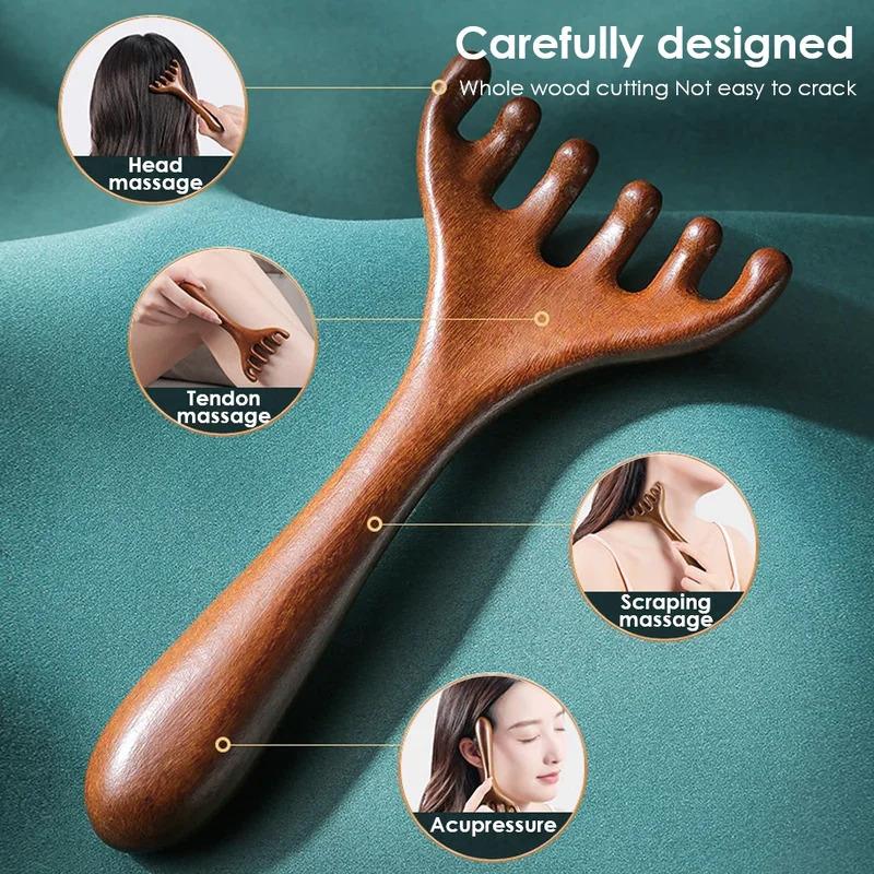 Natural Sandalwood Massage Comb Six-Claw Head Acupoint Massage Gua Sha Tool Neck Face Lifting Scraping Massager