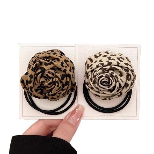 Temperament Leopard print Rose flower hair band Women's low ponytail hair rope Rubber band headdress