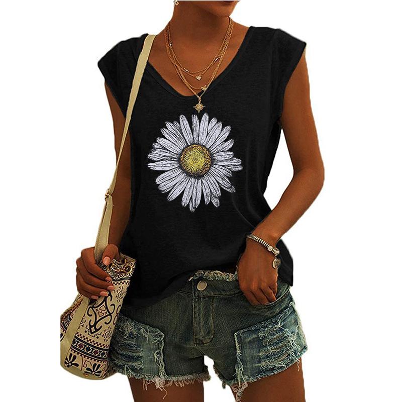 2023 Trendy Women's V-neck Print Cap Sleeve Loose T-shirt Top
