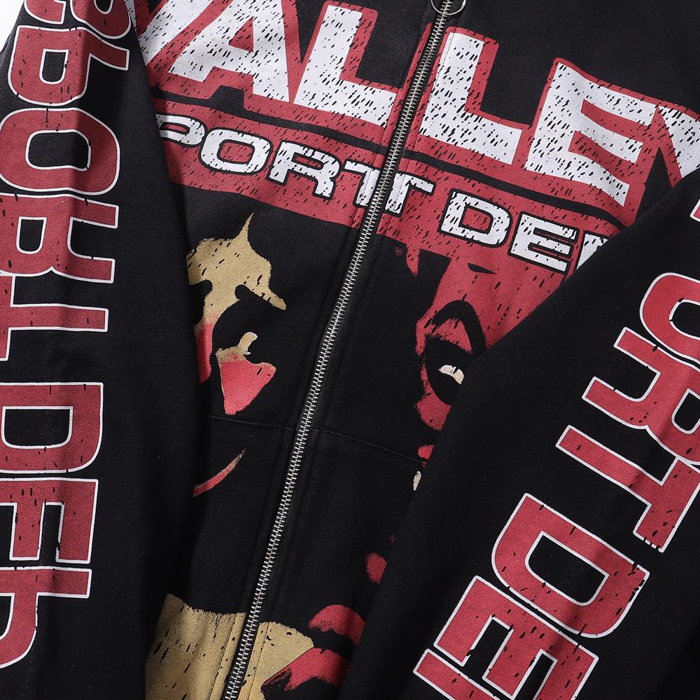 Unisex Retro Print Distressed Zipper Hoodie - Loose Fit, High Street American Style