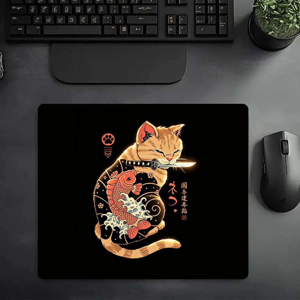Japan Samurai Cat Mouse Pad 18X22 Small Laptop Computer Office Table Mats PC Gaming Esports MousePad HD Non-Slip Rubber Desk Mat