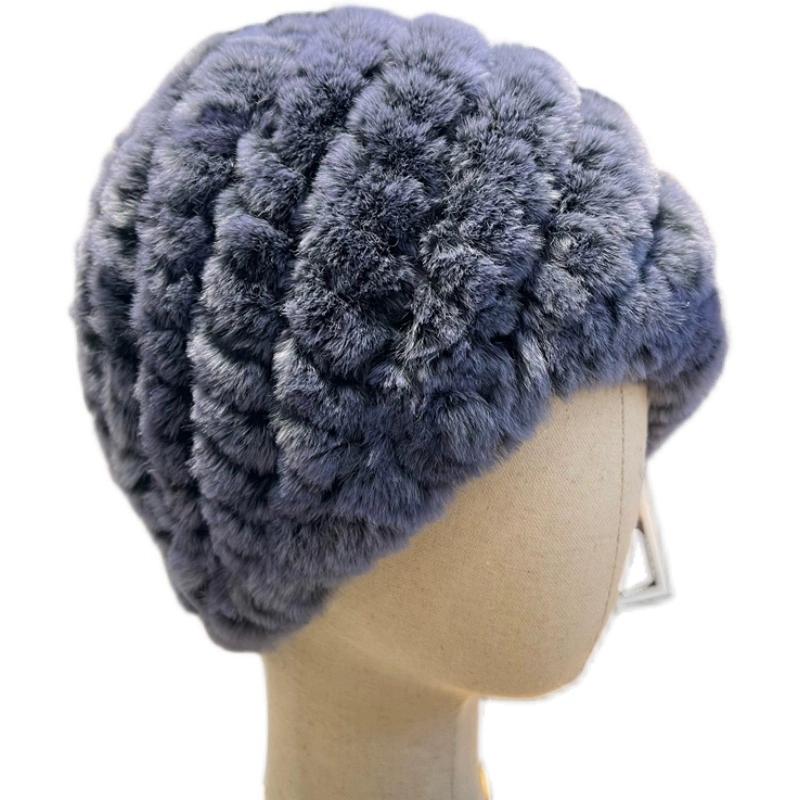 Căciulă din Blană de Iepure Rex Reală, Tricotată din Lână Caldă și Rezistentă la Frig, Versatilă pentru Toamnă și Iarnă pentru Femei