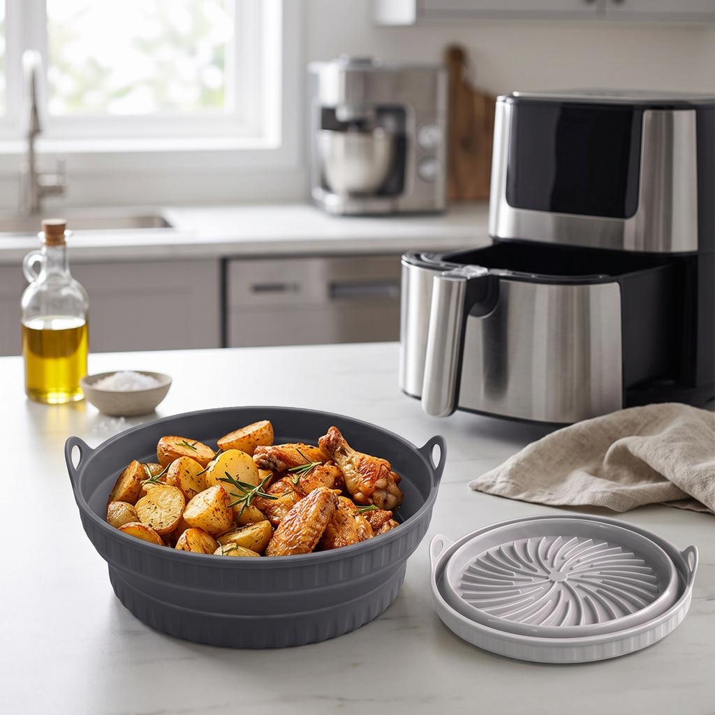 Reusable Silicone Fryer - Round Foldable Baking Liner for Fryer and Oven