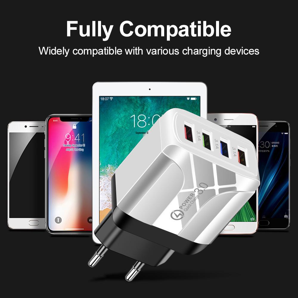 Vibrant 4-Port USB Travel Charger, 5V/2.4A Fast Charging with EU, UK, AU Plugs