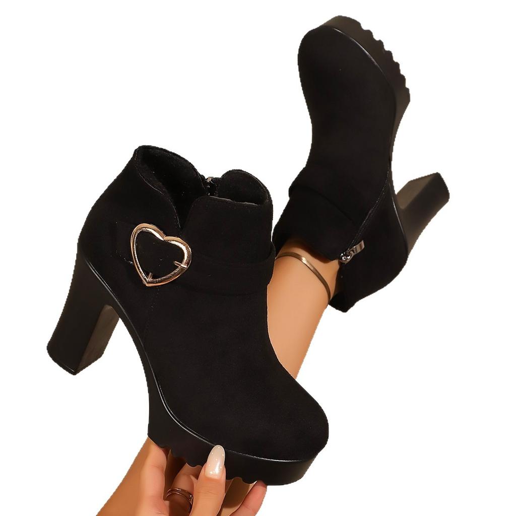 Short boots suede velvet single boots round head large size autumn and winter new thick heel high heels fashion