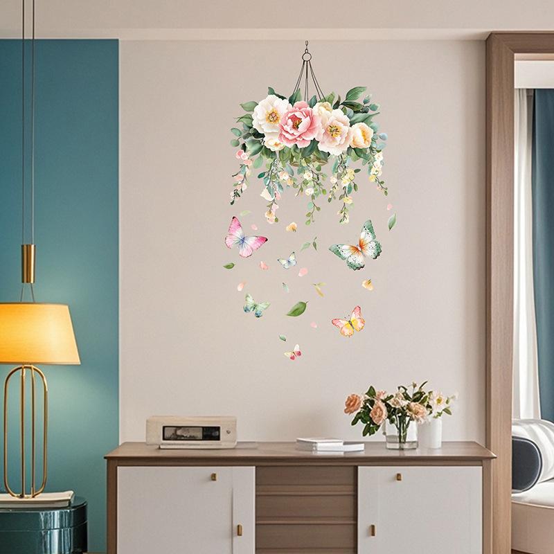 Camellia Peony Wall Stickers Self Adhesive Floral Hanging Basket Decal for Bedroom Girls Room Door Home Decor Vinyl Art