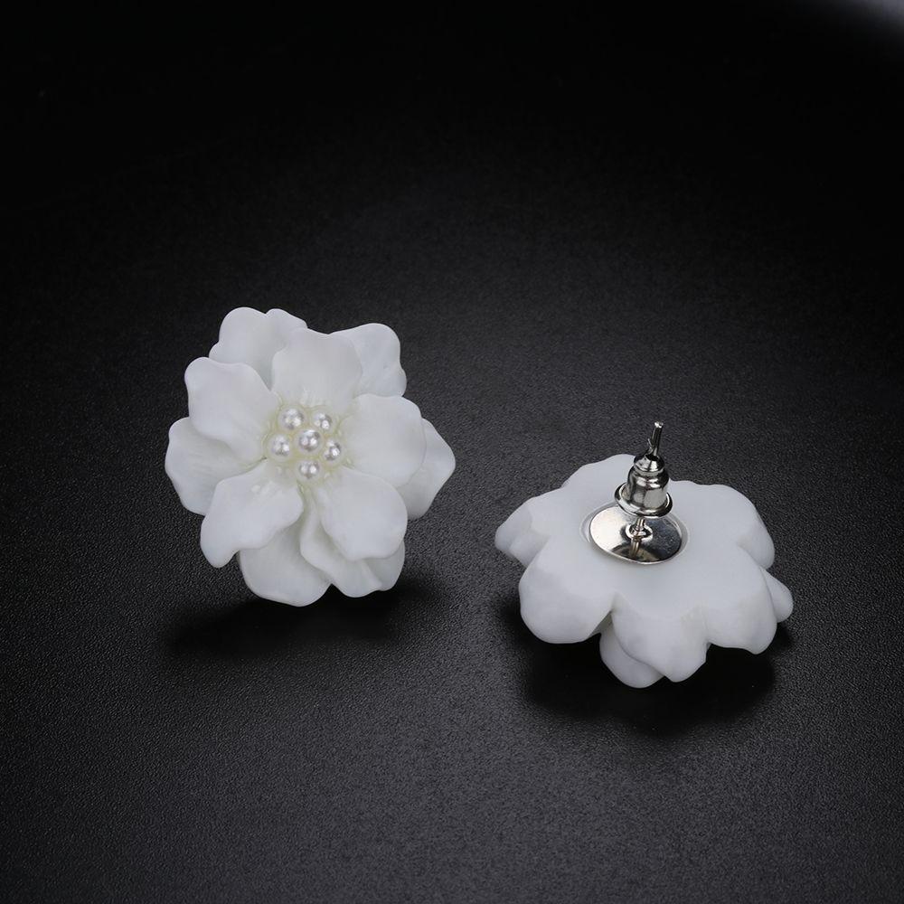 Bohemian Jewelry Women Girl Camellia Simulated Pearl Big White Flower Stud Earrings