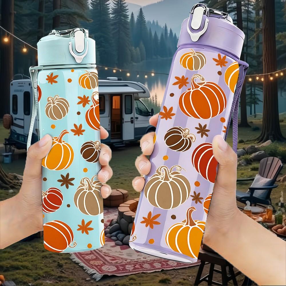 1PC Fall Pumpkin Seamless Pattern Print 750ml Color Plastic Sports Water Bottle Leakproof Flip Straw Lid Suitable for Sports Office Home Use