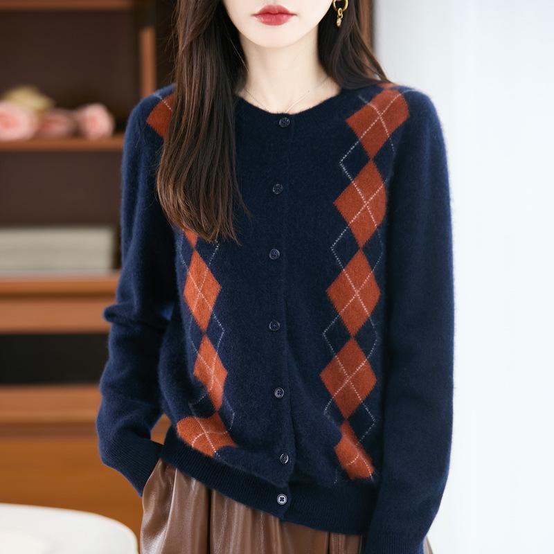 Women's 100% Wool Cashmere Cardigan, Round Neck, Loose Knit, Soft Thickened Coat for Autumn/Winter.