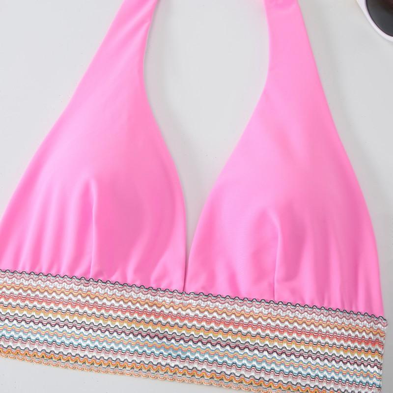 Pure Color Split Swimsuit Women Sexy Tight Bikini High Waist Neck Gathered