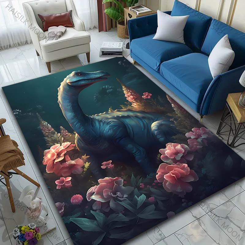 1PC Blue dinosaur with vibrant flowers Print Carpet Rug for Living Room Bedroom Sofa Doormat Home Decor Non-slip Floor Mat